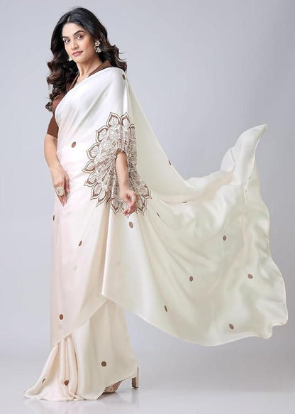 “Elegant Satin Silk Printed Kaftan Saree with Unstitched Blouse – Premium Collection”